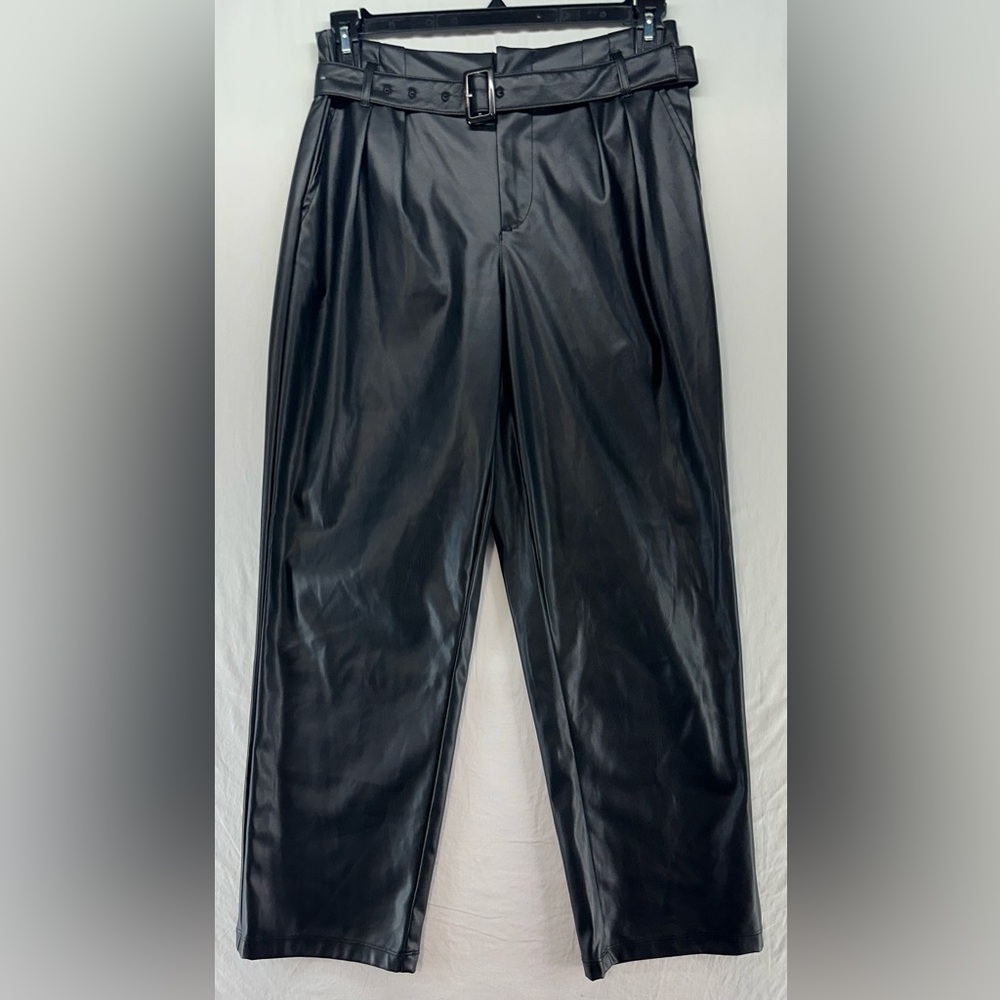 WHO WHAT WEAR‎ Faux Leather Paperbag Pants Mid Rise Straight Leg Black Womens 6